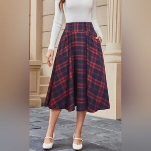 Plaid Midi Skirt in Red and Black And Blue